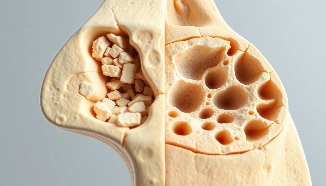 건강한 뼈와 골다공증 뼈의 밀도를 비교하는 3D 단면 이미지