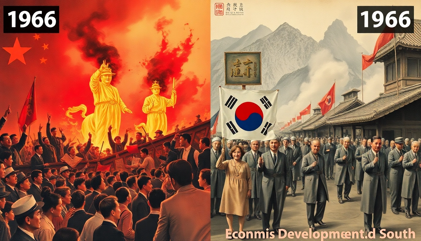 역사 속 병오년의 주요 사건들을 보여주는 1906년과 1966년의 현실적인 이미지 콜라주