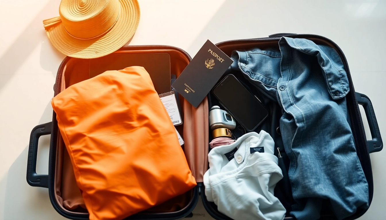 여행 준비물이 잘 정리되어 있는 깨끗한 테이블 위에 여행자가 짐을 싸는 모습