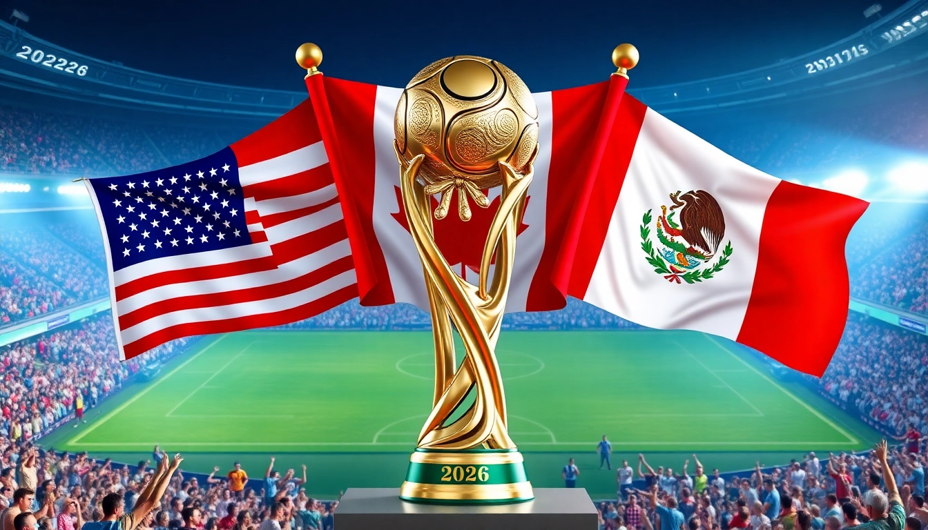 미국 캐나다 멕시코 3개국 공동 개최를 상징하는 월드컵 트로피와 깃발