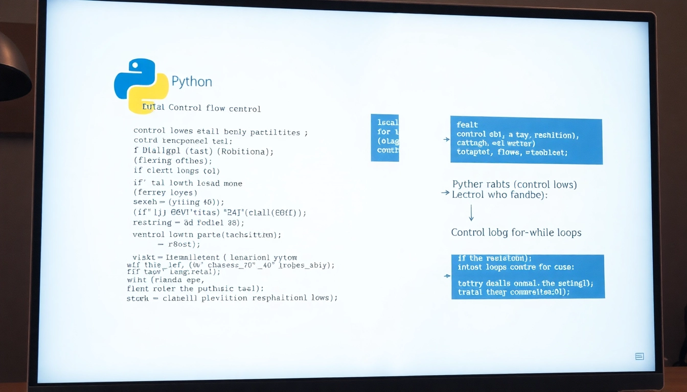 파이썬 조건문과 반복문을 보여주는 흐름도와 코드가 포함된 컴퓨터 화면 이미지