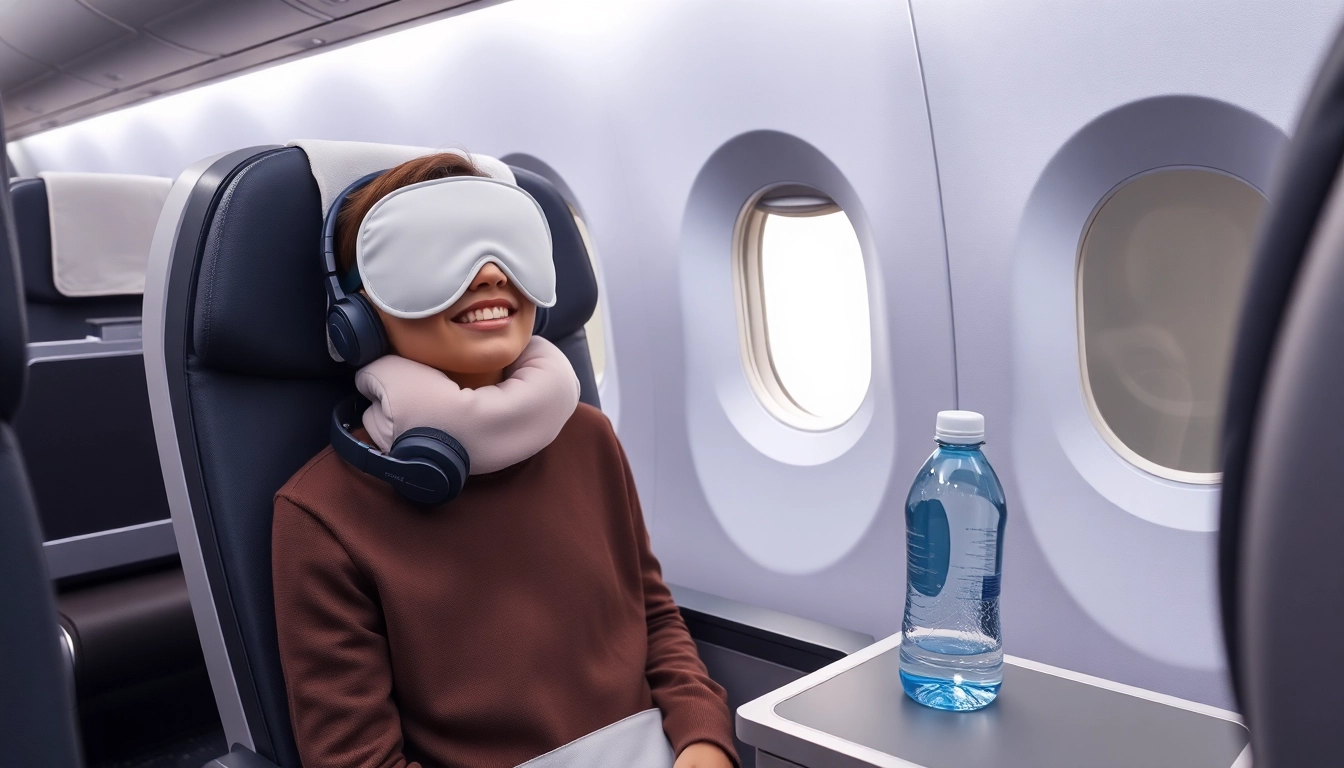 비행기 객실 내 목베개, 안대, 노이즈 캔슬링 이어폰, 물병 등이 놓인 편안한 좌석 환경