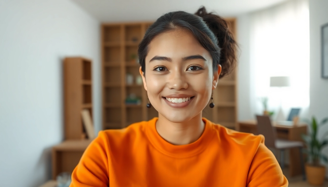 화상 면접을 위해 단색 상의를 입고 깔끔한 배경과 조명 아래에서 화상 면접에 임하는 모습