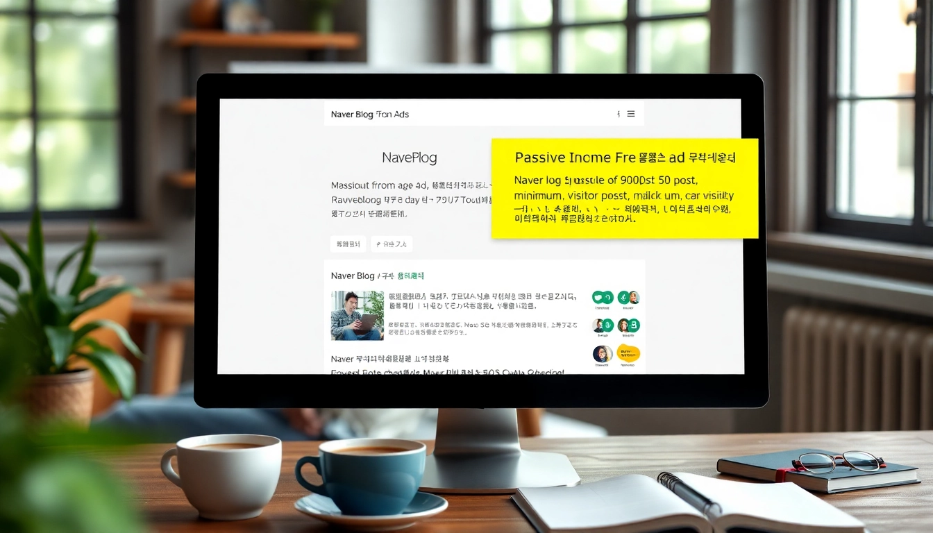 네이버 애드포스트 수익 조건을 보여주는 컴퓨터 화면과 아늑한 작업 공간