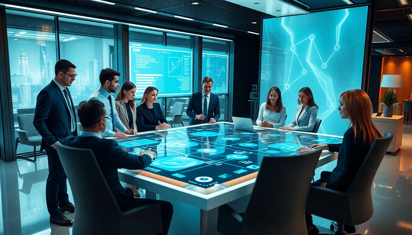 미래형 사무실의 홀로그램 테이블 주위에서 협업하는 전문가들
