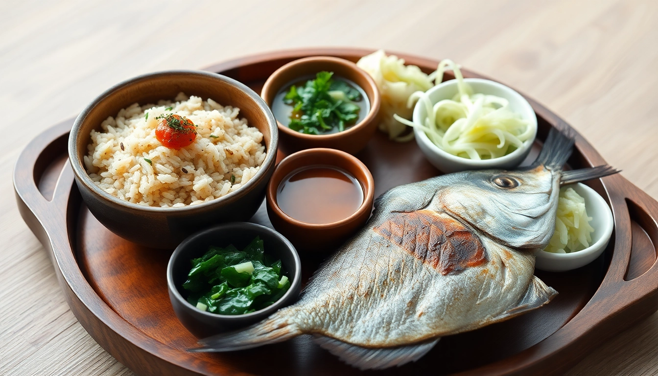 잡곡밥, 된장찌개, 고등어구이, 그리고 세 가지 나물 반찬으로 구성된 건강한 한식 밥상.