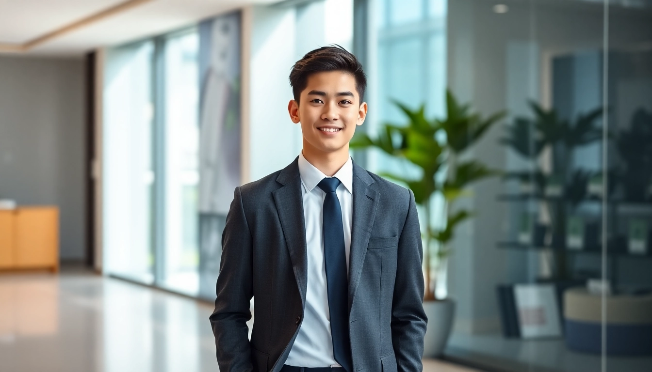 면접을 위해 단정한 미니멀리즘 수트를 입고 자신감 있는 자세로 서 있는 취준생
