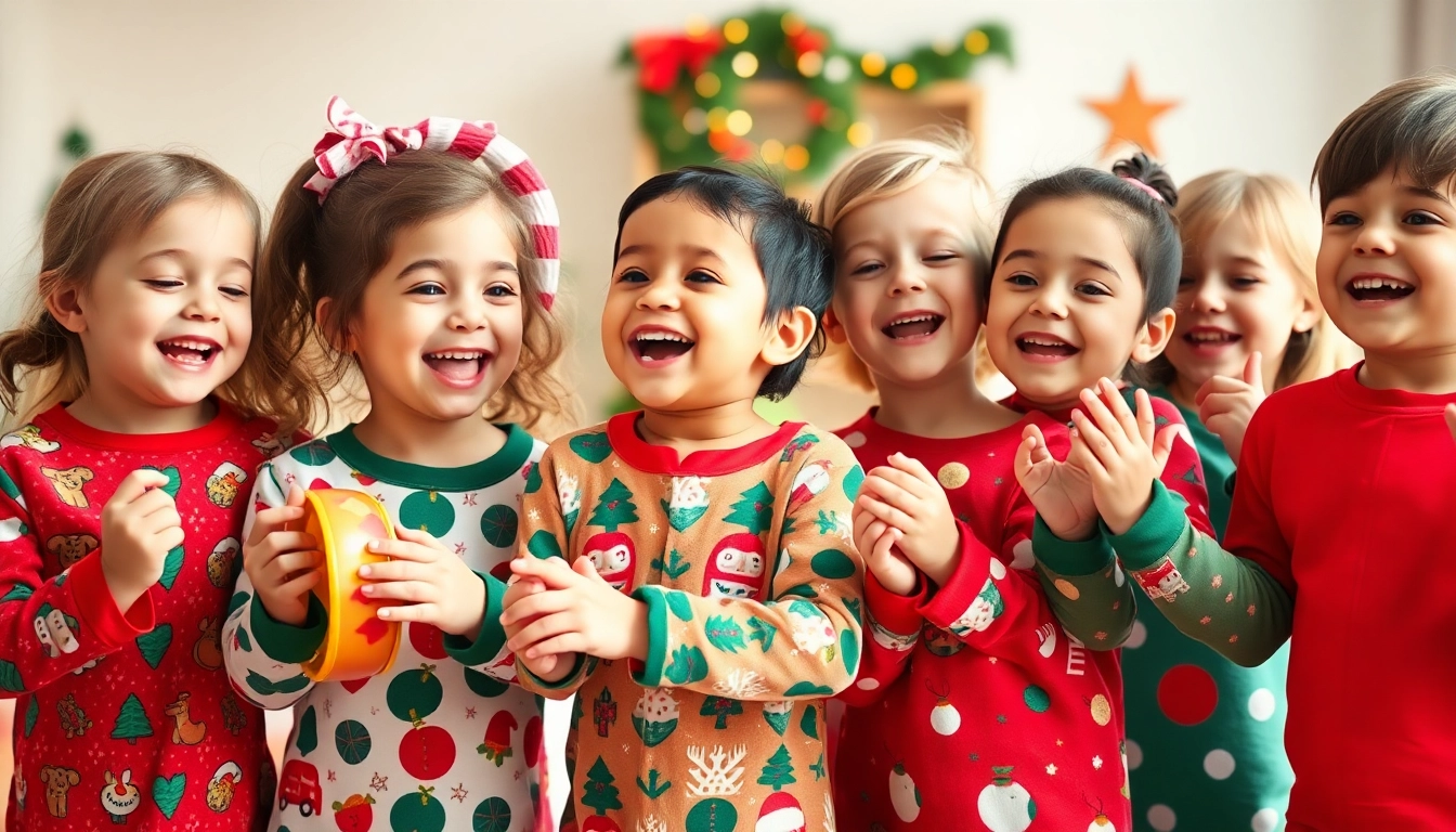 크리스마스 잠옷을 입은 아이들이 탬버린을 흔들며 신나게 캐롤에 맞춰 율동하는 모습