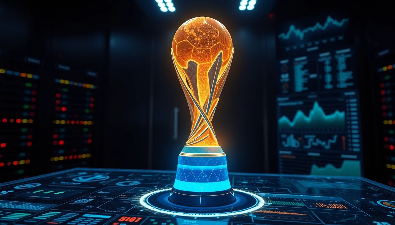 월드컵 트로피와 인공지능 데이터 분석을 결합한 미래 예측 이미지