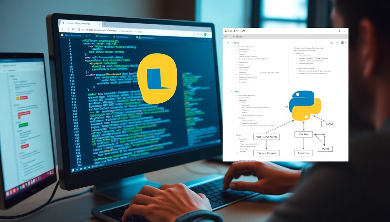 웹 크롤링 프로그램을 작성하는 개발자의 컴퓨터 화면과 데이터 흐름 시각화