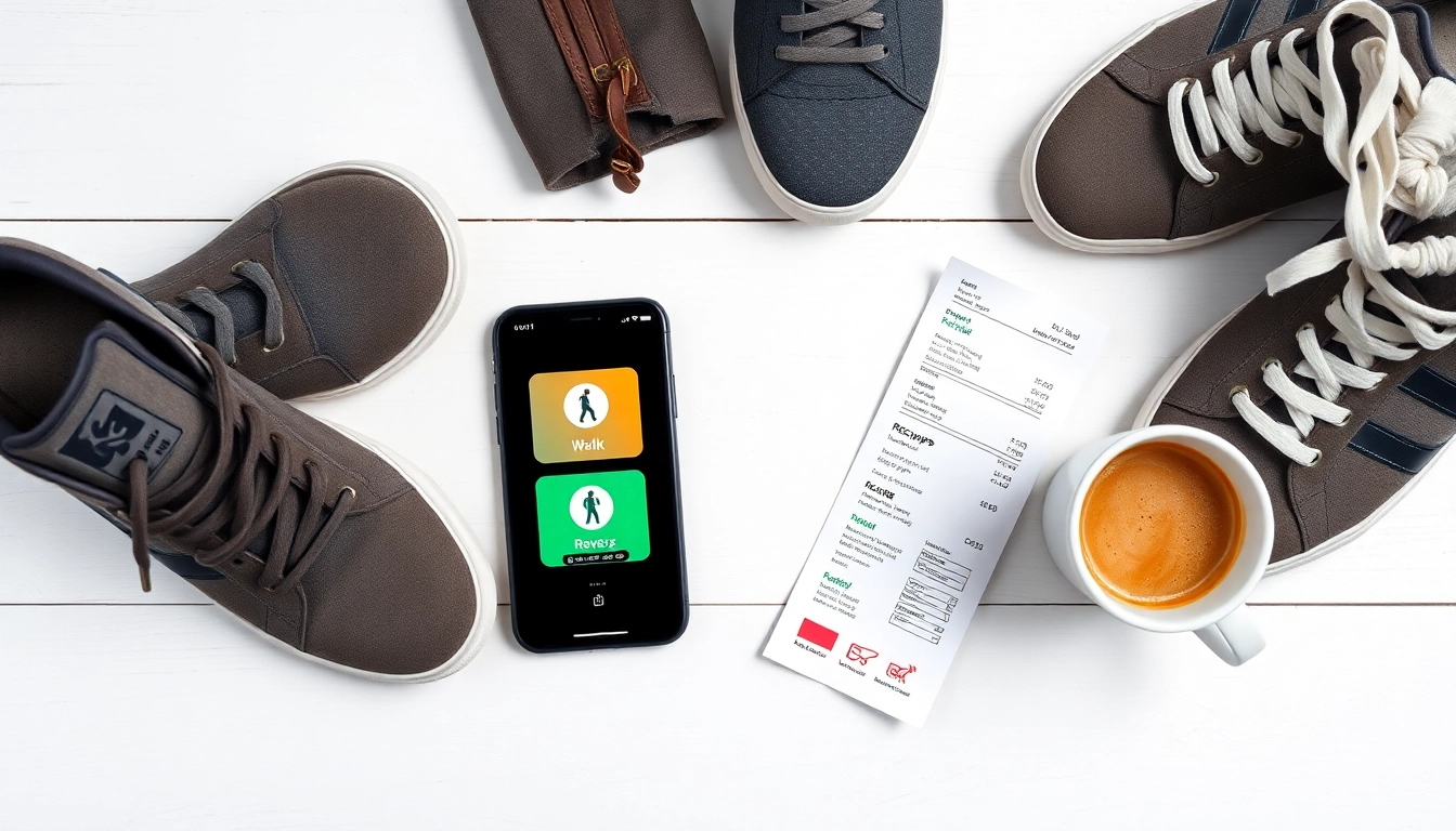 스마트폰과 함께 운동화, 영수증 등이 놓여 다양한 앱테크 유형을 보여주는 이미지.