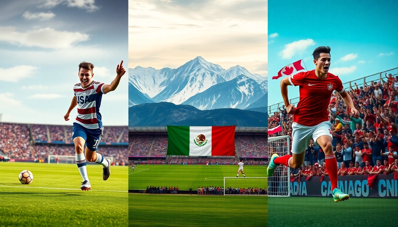 미국, 멕시코, 캐나다 세 개최국의 특징을 보여주는 콜라주 이미지