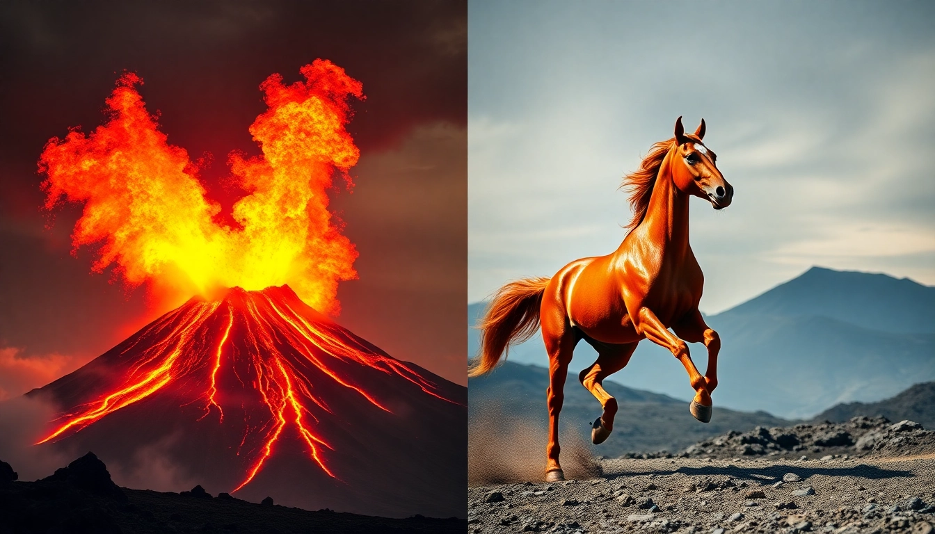 활화산과 역동적으로 달리는 붉은 말의 강력한 에너지를 표현한 이미지