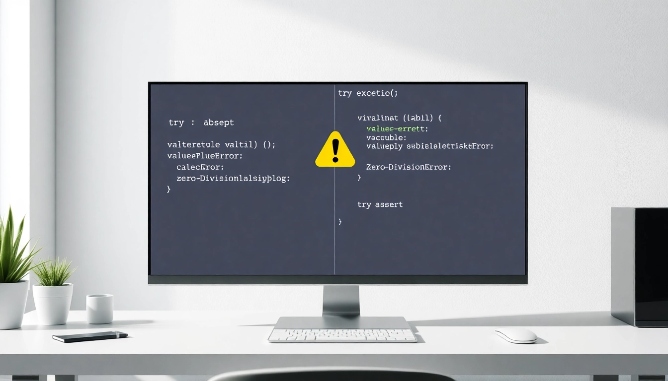 파이썬 예외 처리 코드와 경고 아이콘이 있는 컴퓨터 화면과 조용한 작업 공간 이미지