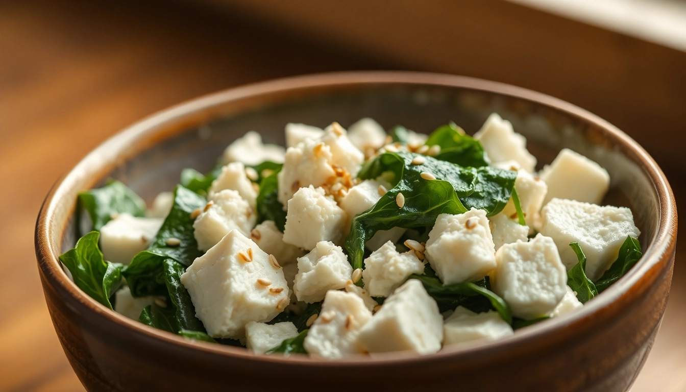 으깬 두부를 넣어 단백질을 보충한 비건 시금치 두부 무침