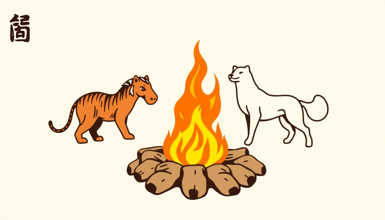 삼합 관계인 호랑이띠, 말띠, 개띠를 불의 기운으로 표현한 상징적 이미지