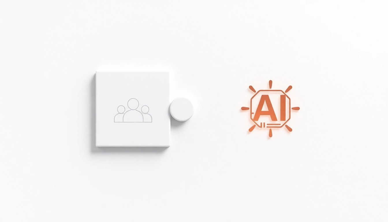 팀워크 아이콘과 AI 회로 아이콘이 그려진 두 개의 퍼즐 조각이 완벽하게 맞춰지는 이미지