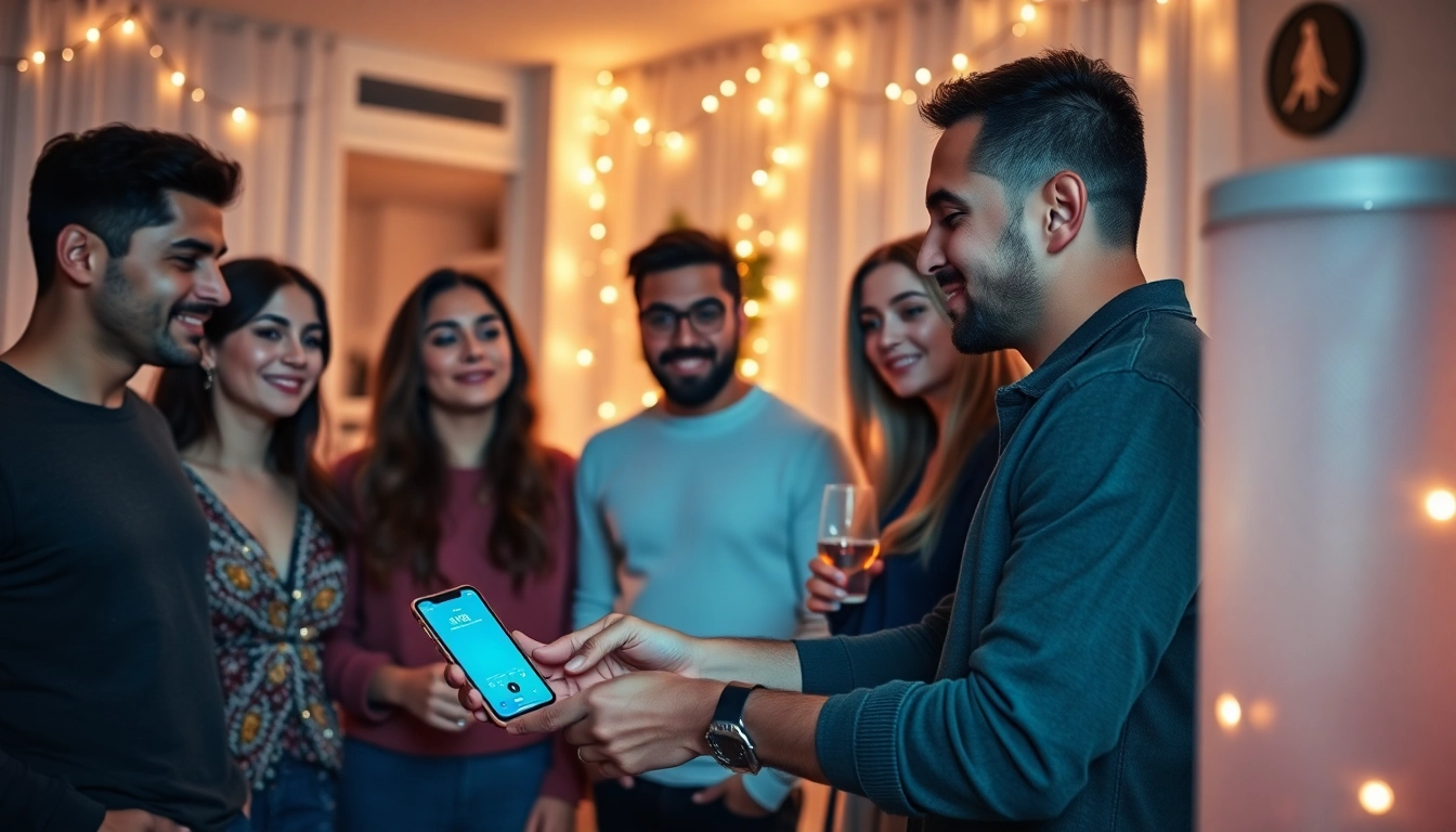 세련된 크리스마스 홈파티에서 친구들과 함께 스마트폰으로 트렌디한 캐롤을 고르는 젊은이들의 모습