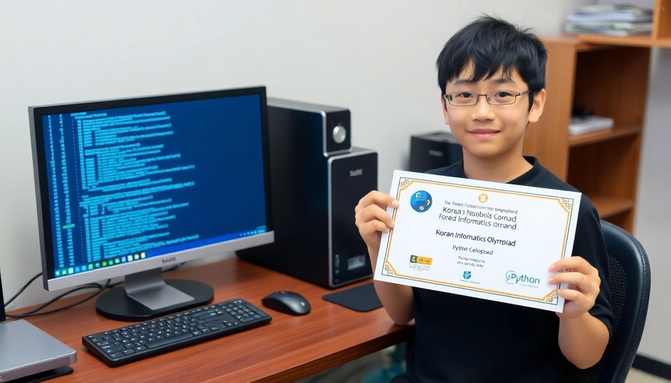 한국정보올림피아드 수상 인증서와 파이썬 코딩 화면을 보여주는 중학생 모습