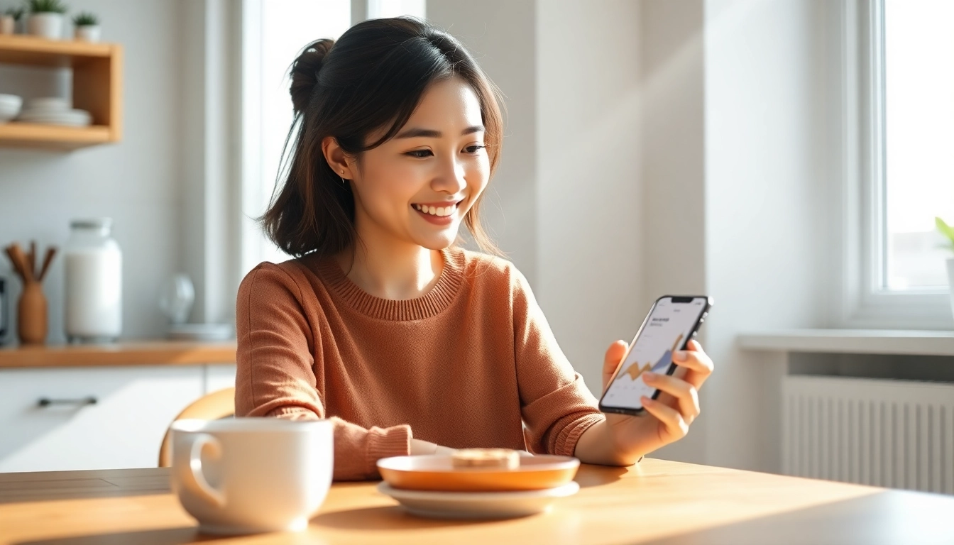 스마트폰으로 앱테크를 하며 밝게 미소 짓는 주부.