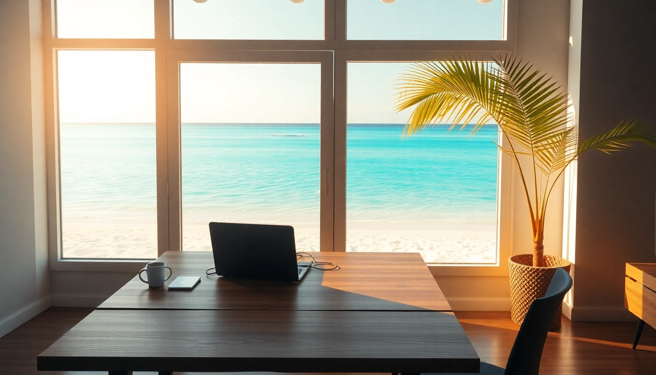 아름다운 해변이 보이는 창가에서 노트북으로 일하고 있는 디지털 노마드의 모습