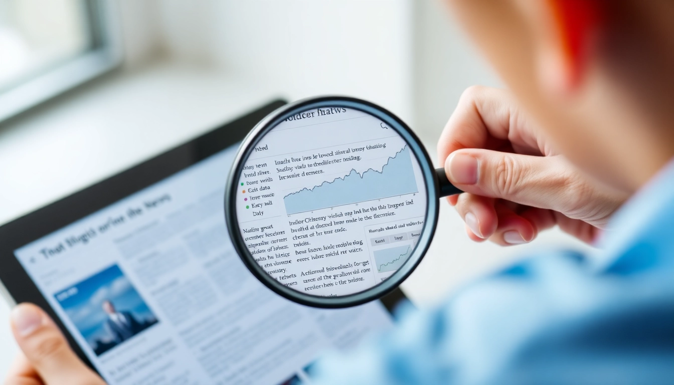 경제 뉴스 속 숨은 의미를 찾는 것을 표현한 이미지. 한 사람이 돋보기로 뉴스 기사를 들여다보자, 텍스트가 숨겨진 데이터와 그래프로 변해 보이는 모습이다.