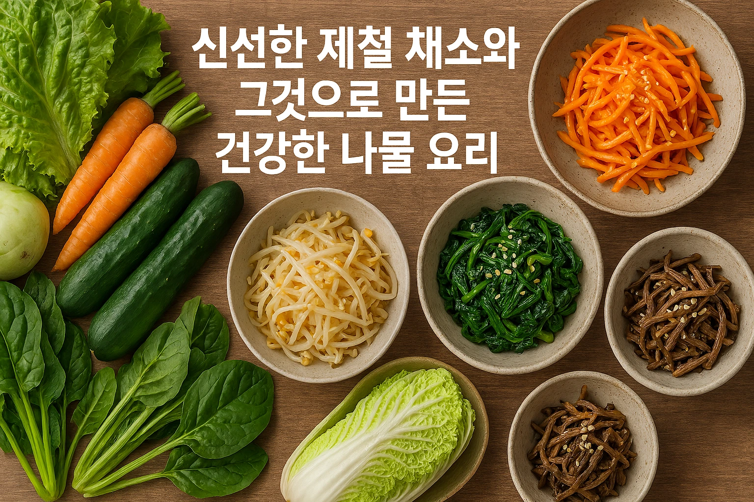 신선한 제철 채소와 그것으로 만든 건강한 나물 요리