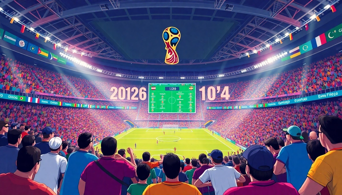 48개국 역대 최대 규모 참가와 경기 수 증가를 보여주는 축구 경기장과 팬들