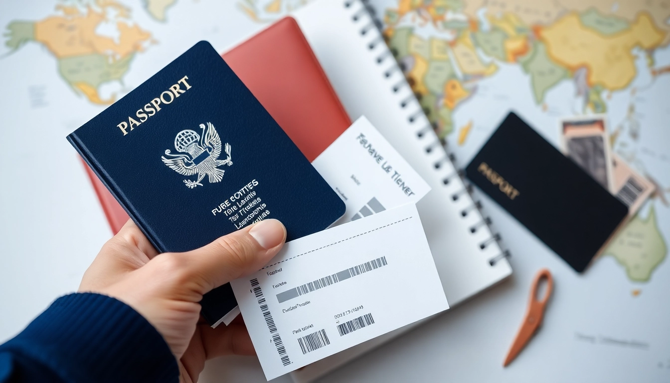 여행 필수 준비물인 여권, 항공권, 신용카드가 세계 지도 위에 놓여 있는 모습.