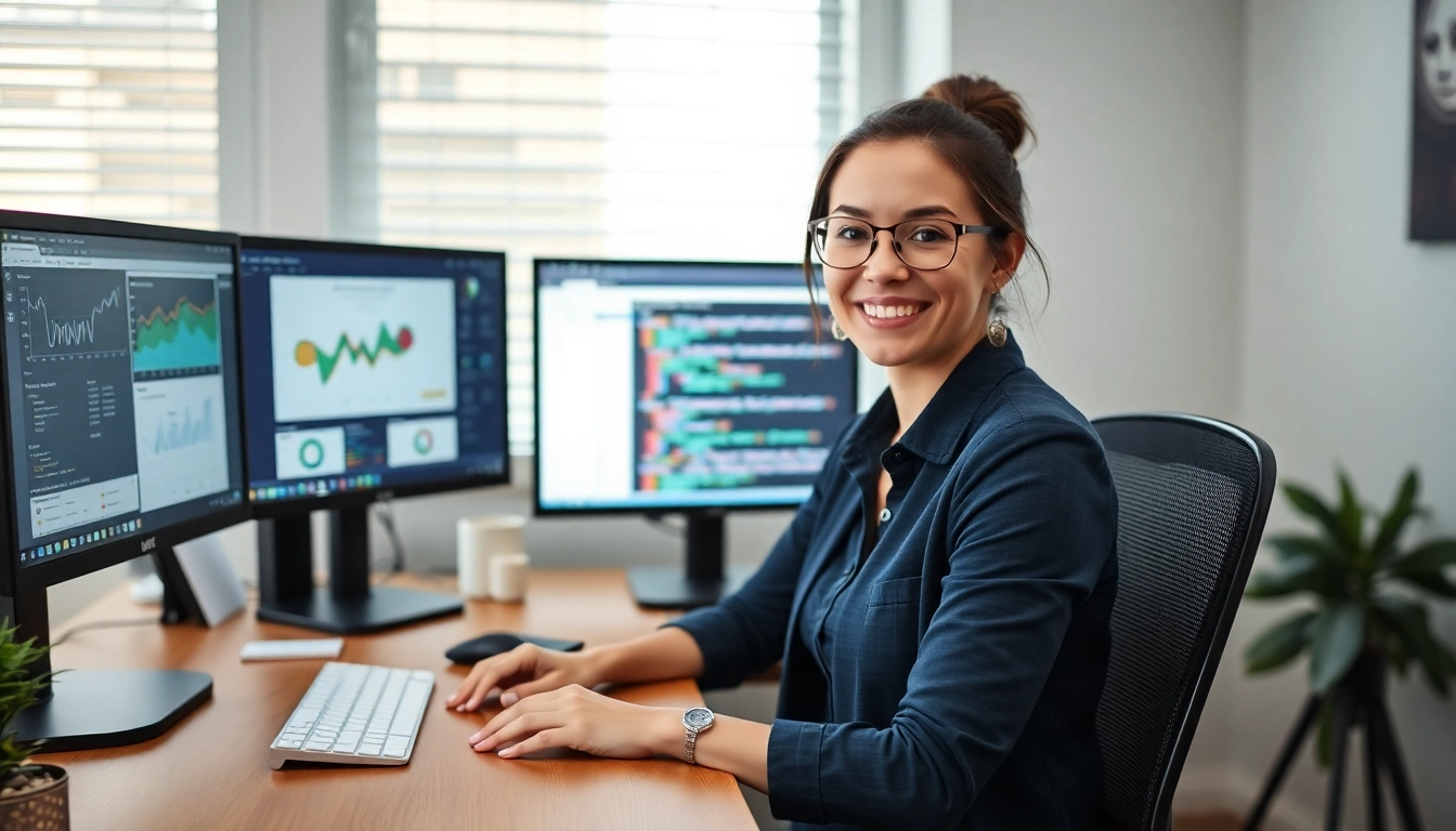 비전공자의 파이썬 독학 성공 사례를 보여주는 데이터 차트와 코드를 보는 마케터 여성의 모습