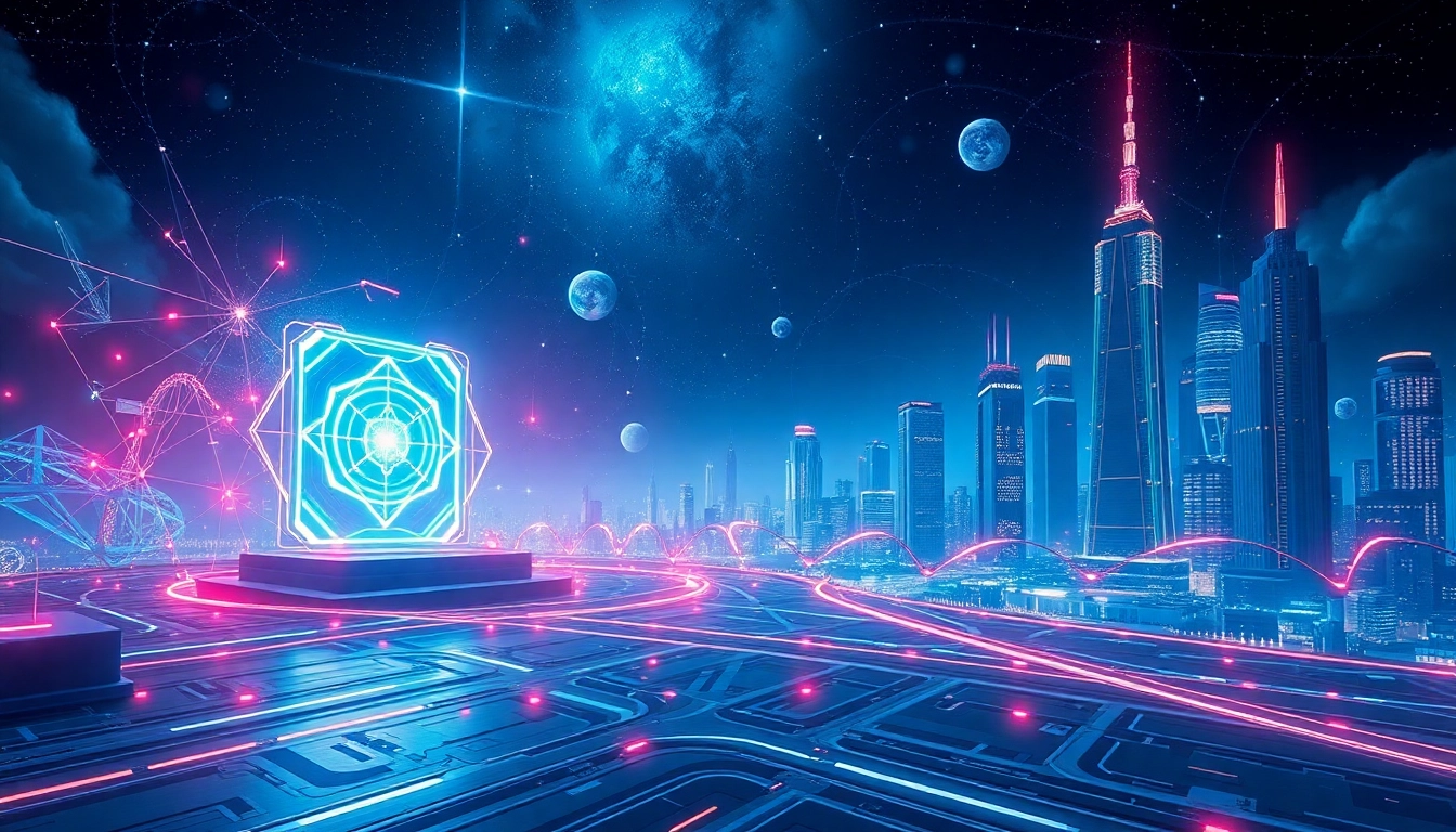 양자 기술의 미래 전망과 혁신을 상징하는 미래 도시와 양자 컴퓨터 이미지