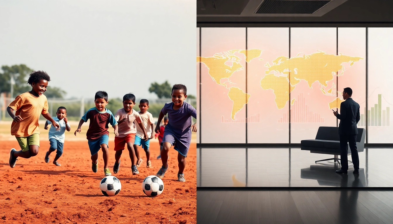 월드컵 참가국 확대의 배경인 전 세계 축구 발전과 상업적 성장을 표현한 상징적 이미지