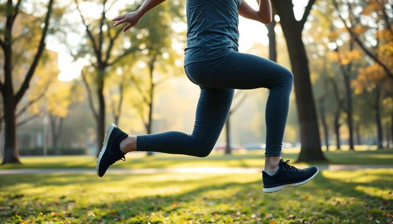 한 남성이 공원에서 달리기를 시작하기 전 다리를 흔들며 동적 스트레칭을 하고 있다.
