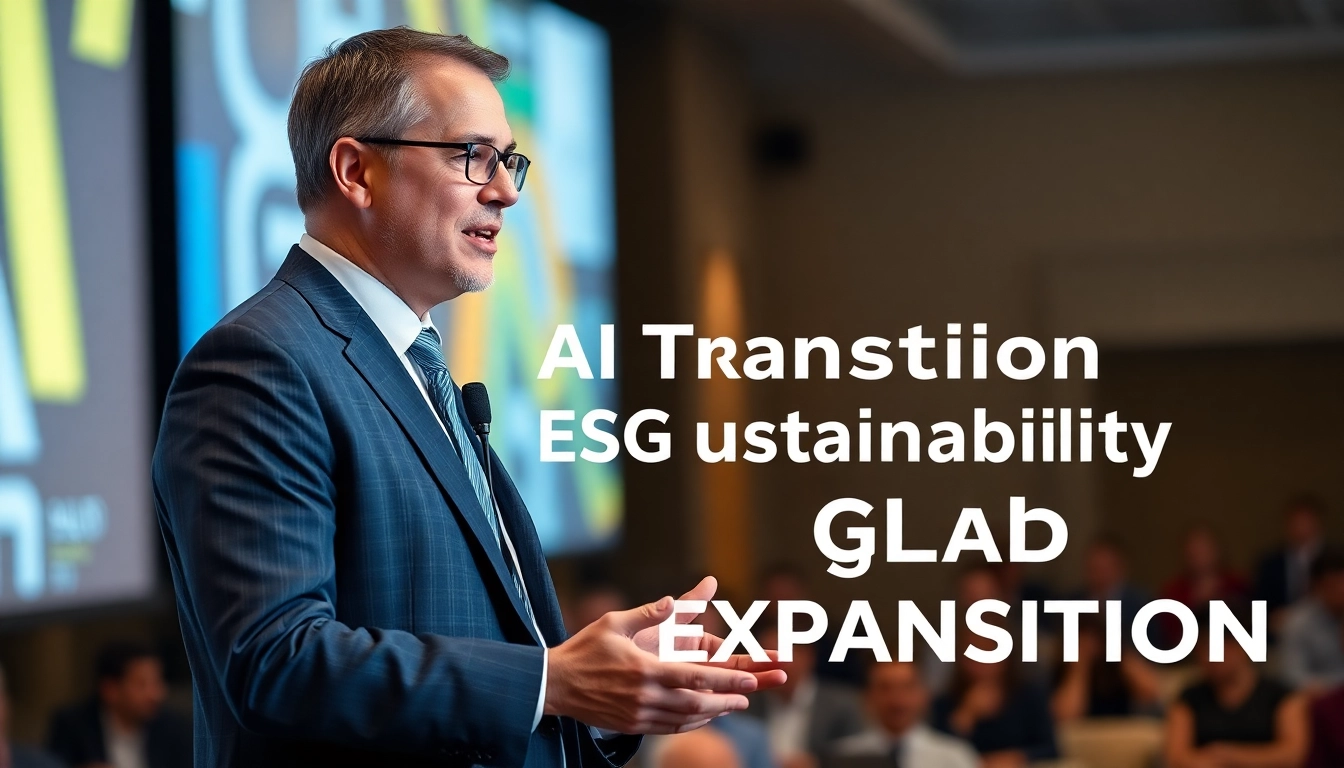 CEO가 AI 전환, ESG, 글로벌 확장 같은 키워드를 강조하며 연설하는 모습