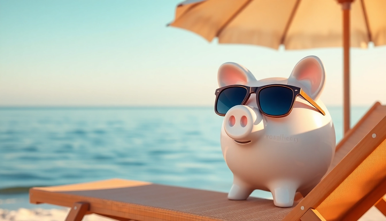 안전한 해변가에서 선글라스를 끼고 휴식을 취하고 있는 돼지 저금통