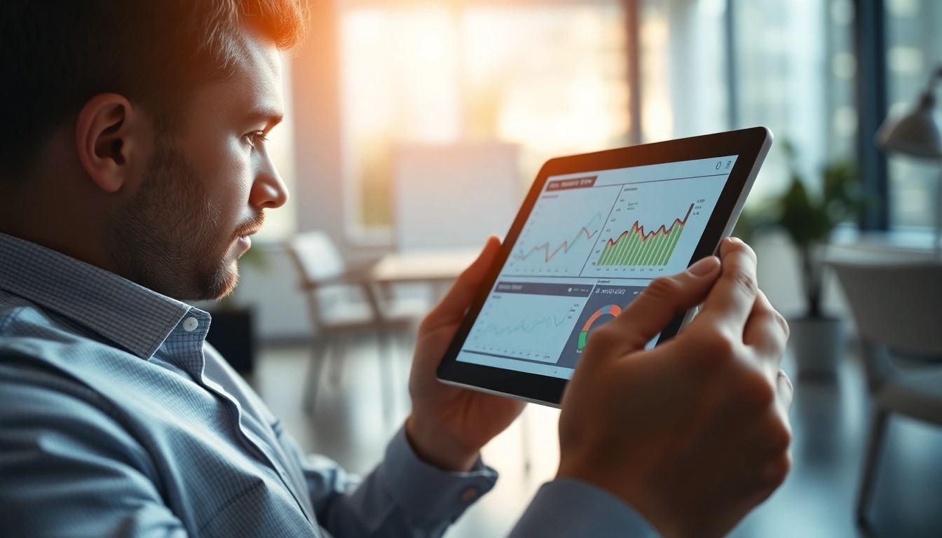 그래프와 분석 자료가 보이는 디지털 태블릿을 사용하는 사람의 모습