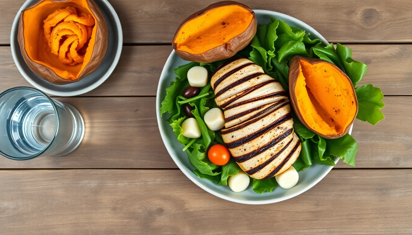 운동 후 영양 보충을 위해 닭가슴살 샐러드와 고구마가 담긴 건강한 식사를 하는 모습