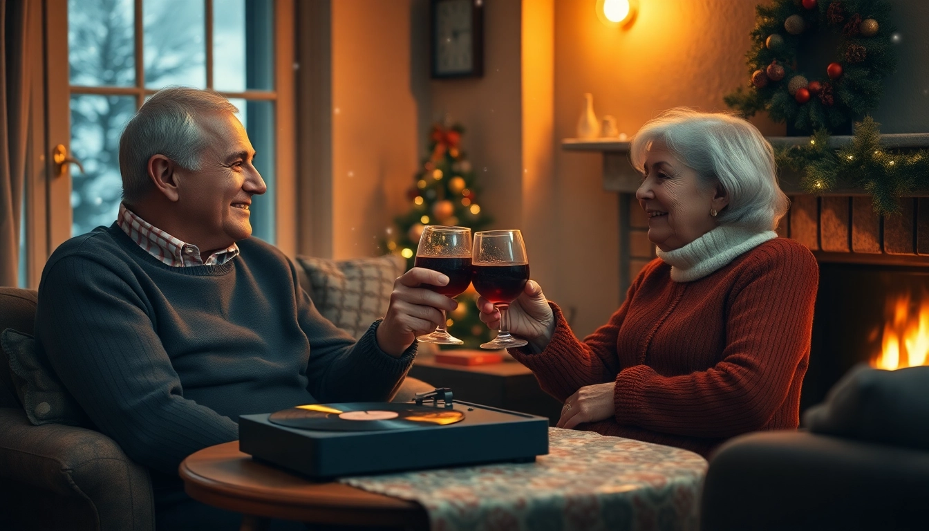 벽난로 옆에서 LP 플레이어로 클래식 캐롤을 들으며 와인을 마시는 낭만적인 중년 부부