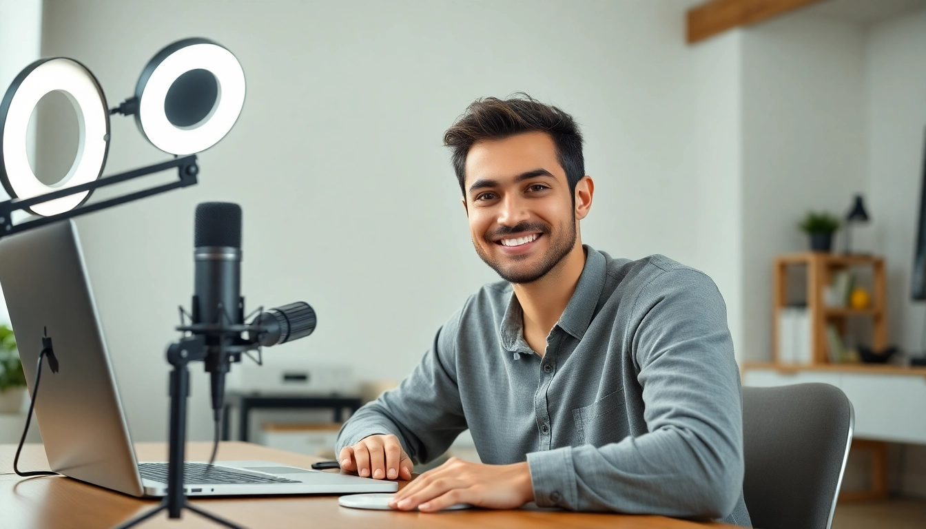 홈 스튜디오에서 마이크와 조명을 갖추고 온라인 강의를 녹화하고 있는 전문가의 모습.