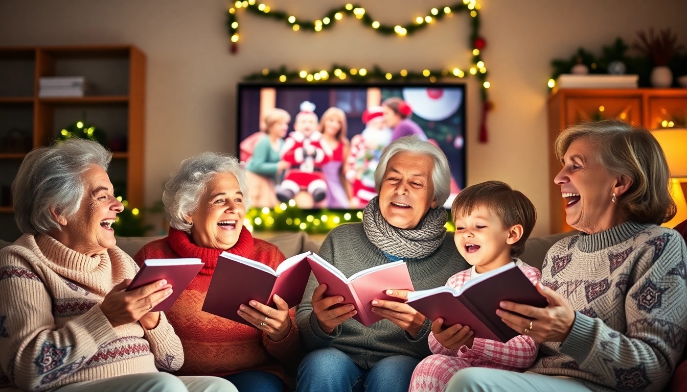 할머니, 할아버지부터 손주까지 삼대가 거실에 모여 함께 크리스마스 캐롤을 부르는 행복한 순간