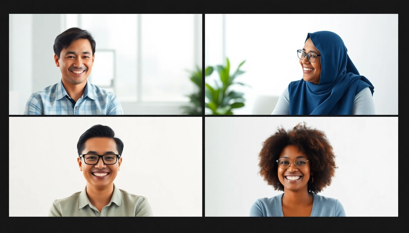 다양한 국적의 동료들이 참여하여 긍정적으로 대화하는 화상 회의 화면