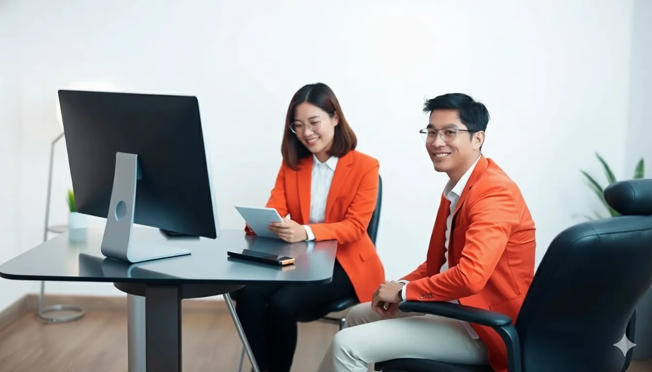 밝은 옷을 입은 단정한 복장의 젊은 지원자가 컴퓨터 앞에 차분하게 앉아 AI 면접을 준비하는 모습