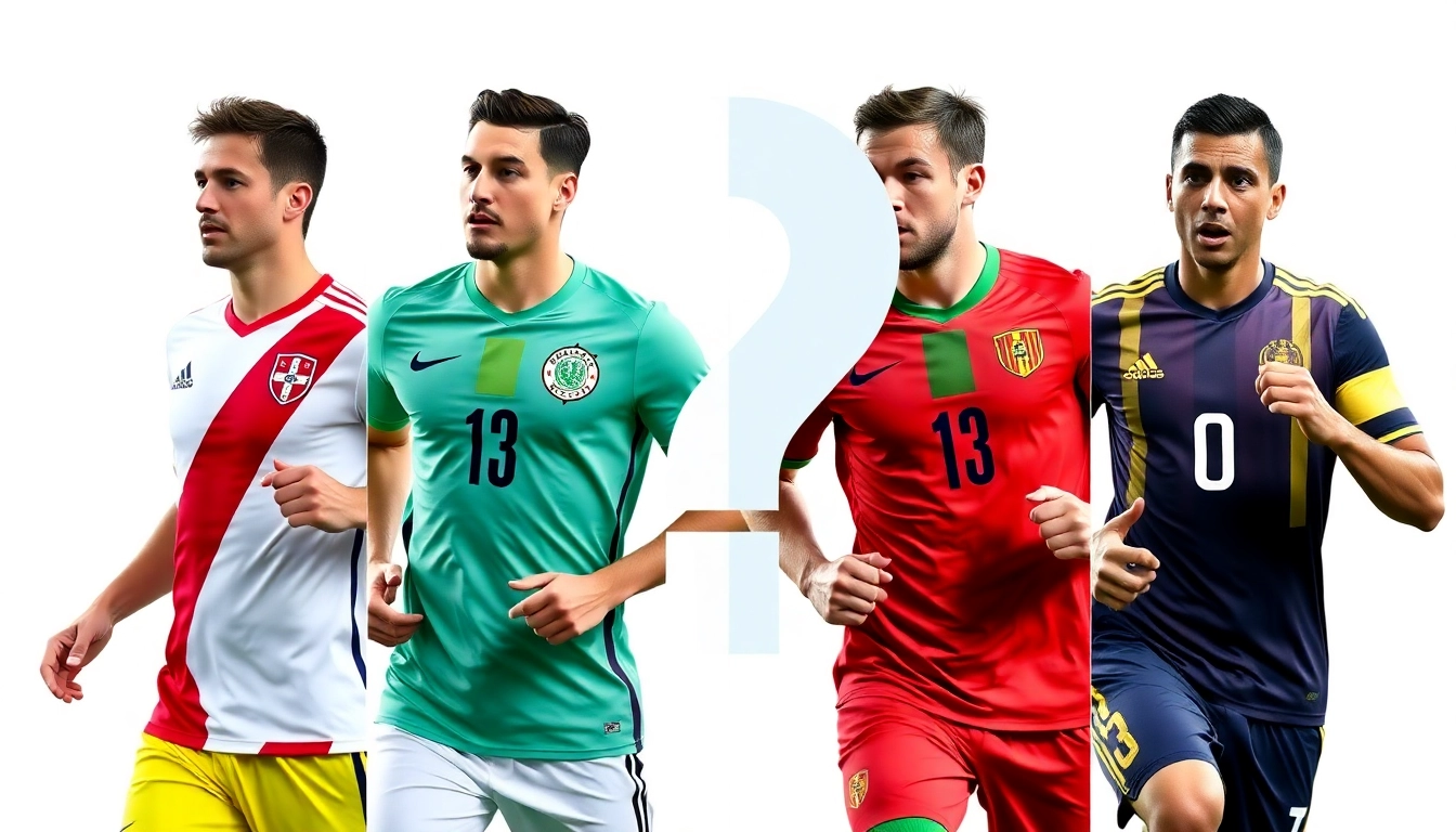 유럽 플레이오프를 통해 월드컵에 진출할 팀의 불확실성을 나타내는 이미지. 덴마크, 체코, 아일랜드, 북마케도니아 선수들의 모습 위로 물음표가 떠 있다.