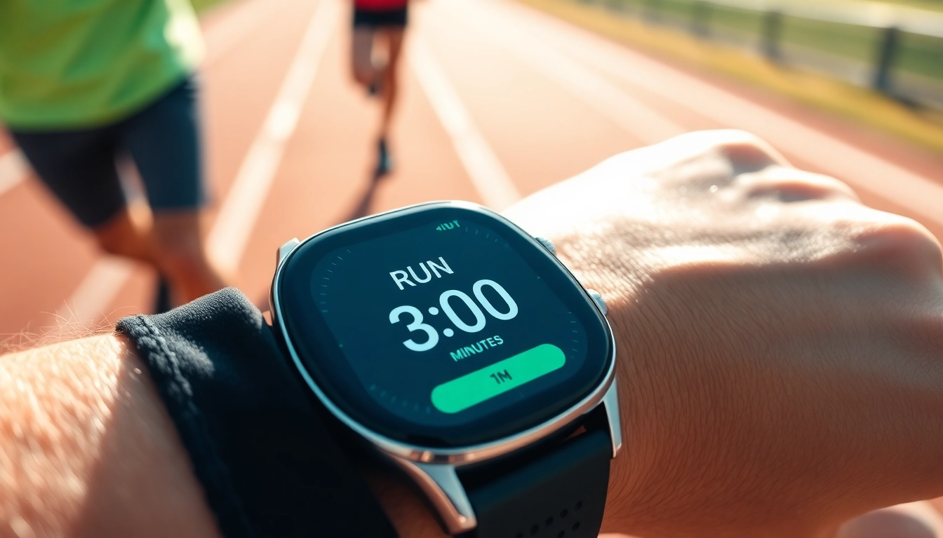 달리기 인터벌 훈련 중인 사람의 손목에 있는 스마트워치 화면.