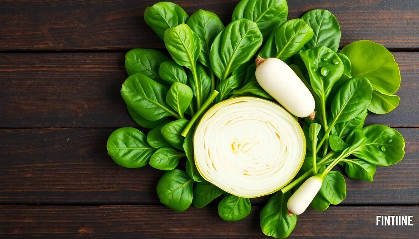 나무 식탁 위에 놓인 신선한 시금치, 배추, 무.