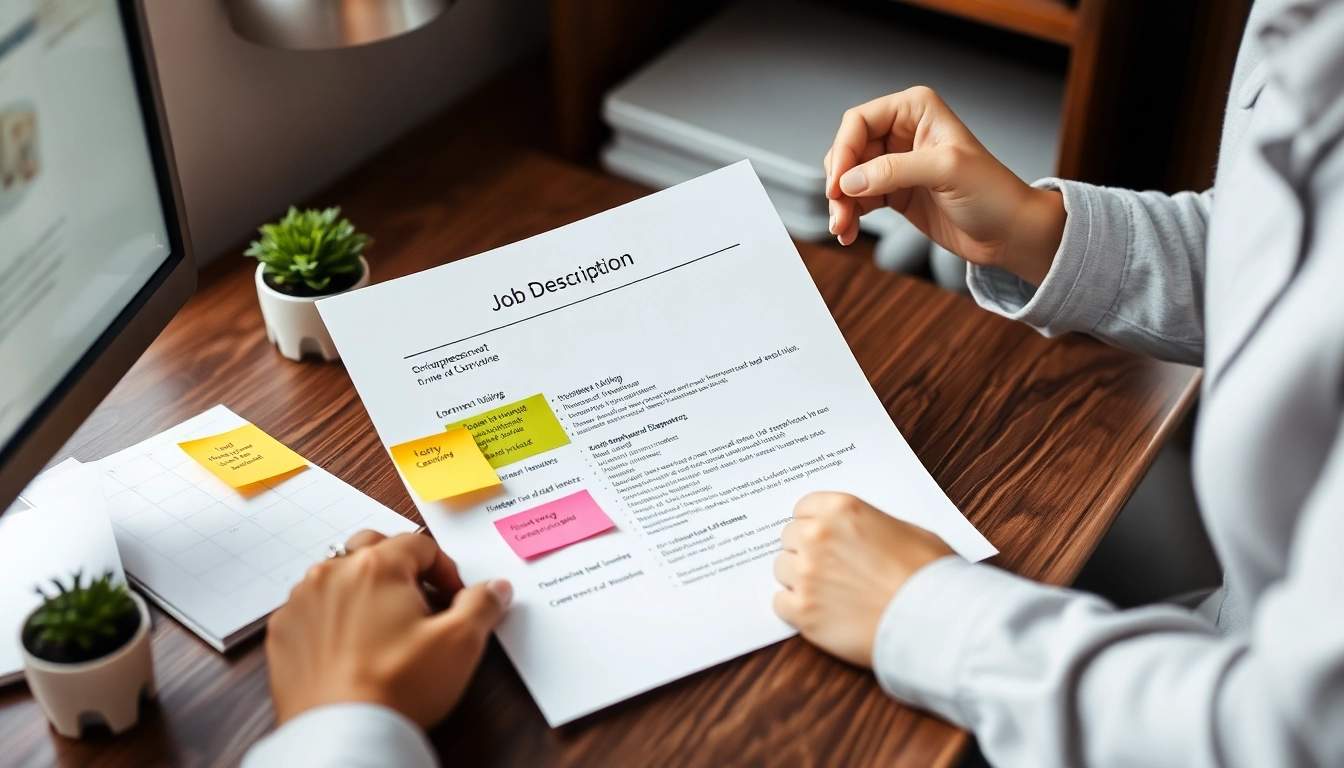 채용 공고에 형광펜으로 핵심 역량을 구분하고 자신의 경험을 매칭하는 모습