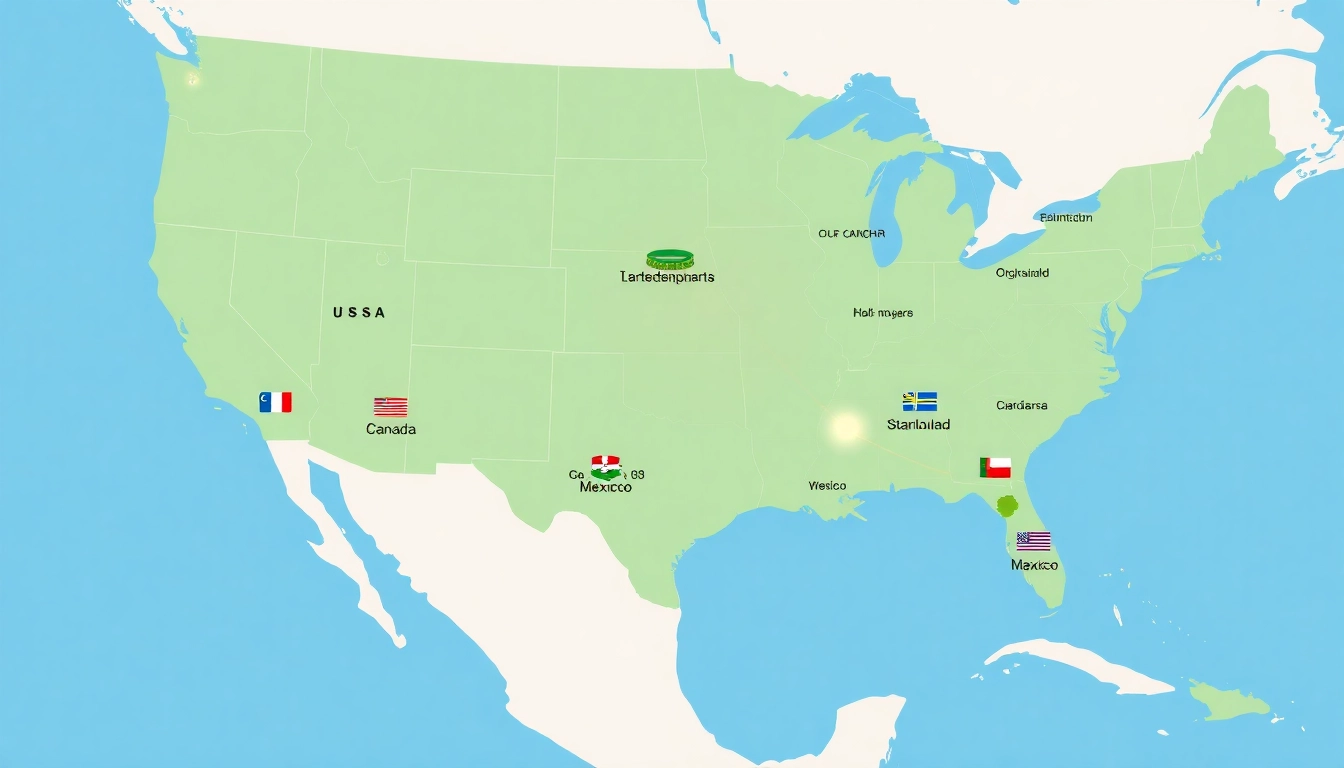 2026년 월드컵 개최 16개 도시가 표시된 북중미 지도와 축구 경기장 아이콘