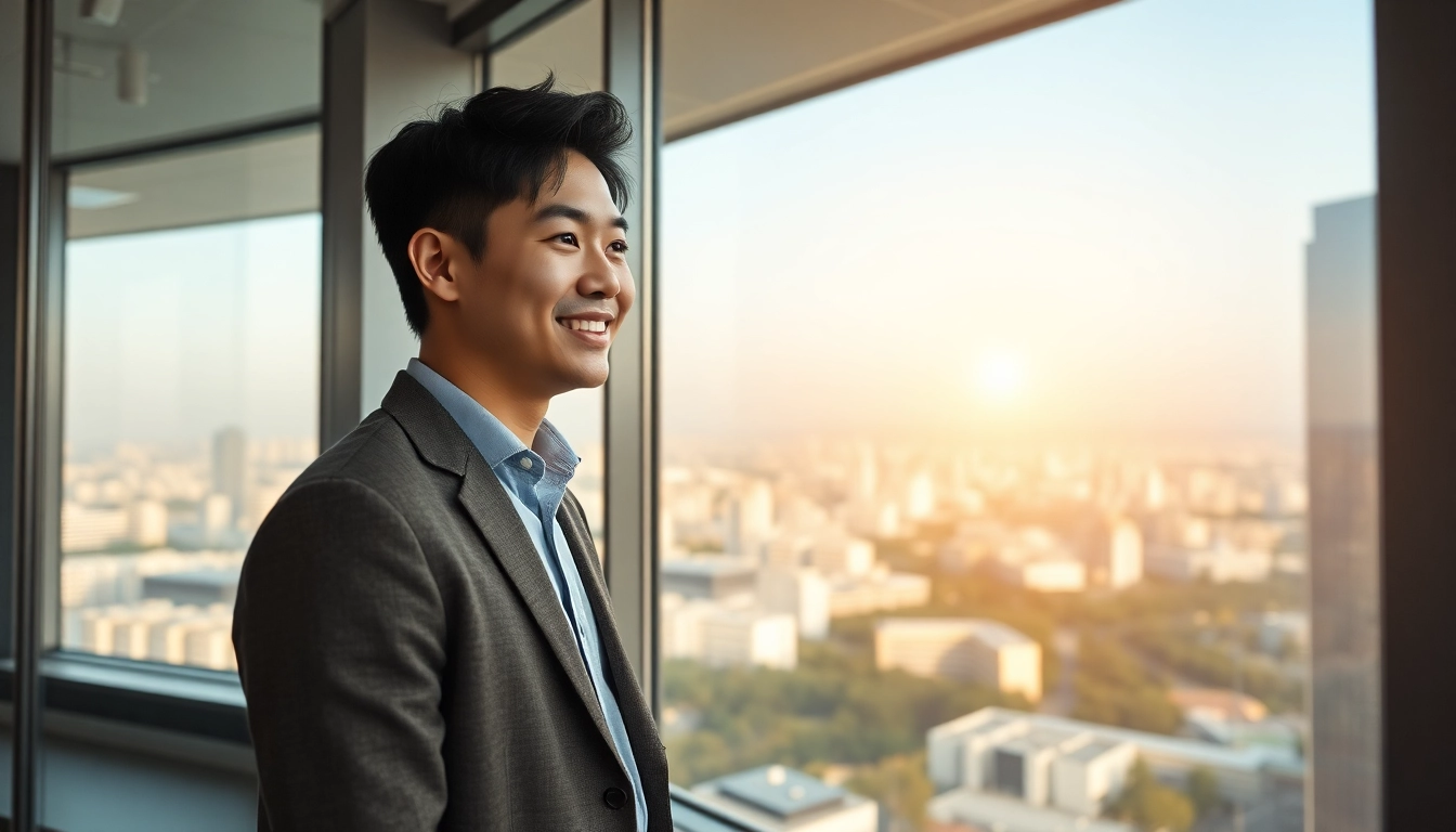 경기도의 현대적인 도시를 배경으로 미래를 긍정적으로 바라보는 젊은 직장인의 모습