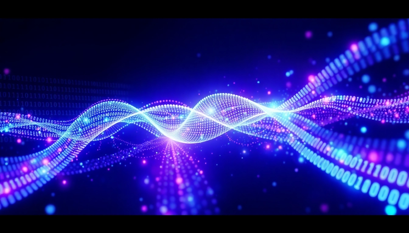 클래식 비트에서 얽혀있는 양자 큐비트로 전환되는 과정을 추상적으로 표현한 이미지