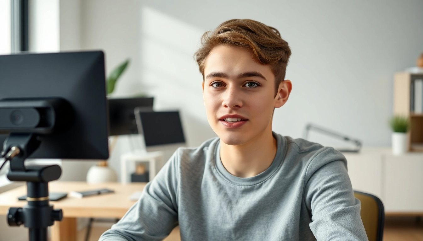 젊은 구직자가 전문적인 가정 사무실 환경에서 웹캠 앞에 앉아 자신감 있게 말하는 모습